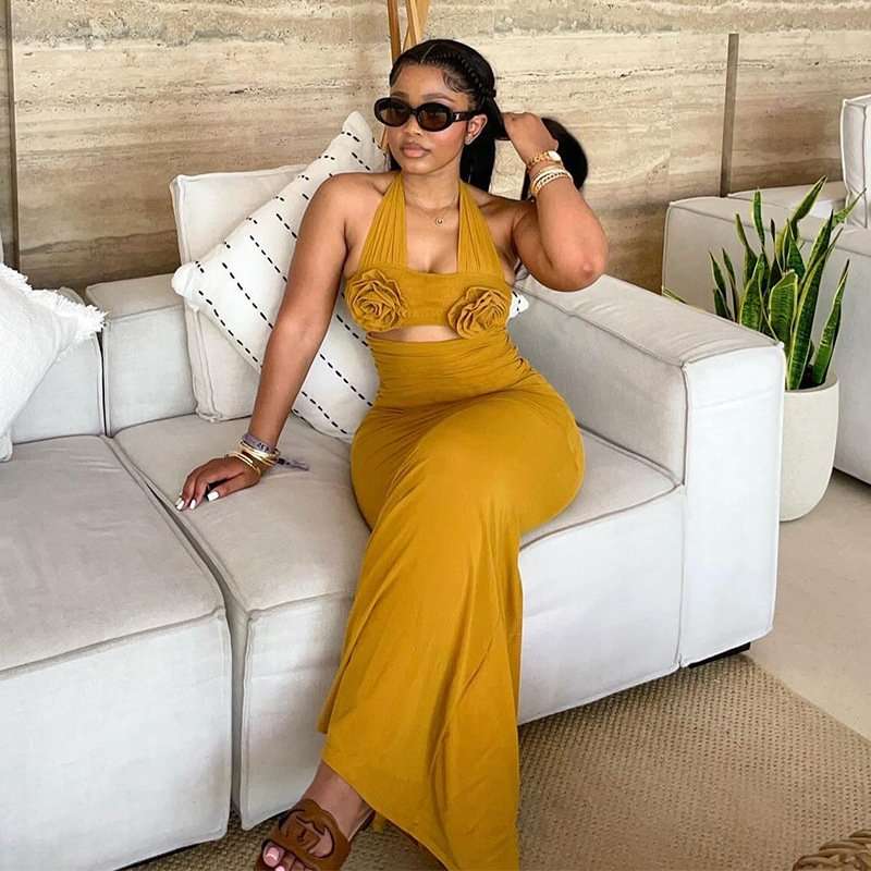 Halter Maxi Dress with Rose Detail image 2