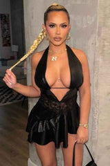 Sexy Halter Neck Deep-V PU Leather Backless Mini Dress image 0