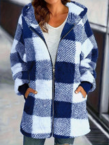 Oversized Checkered Fleece Jacket - L, Blue image
