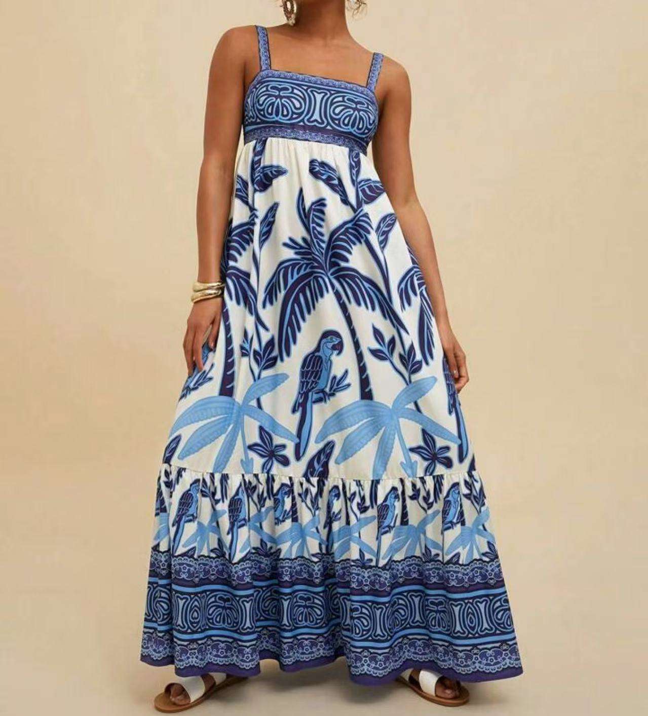 Tropical Print Maxi Dress - S, Multi Blue image