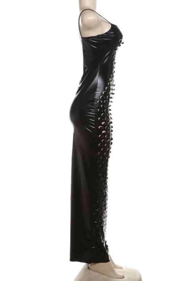 Sexy Hollow Out Spaghetti Strap PU Leather Maxi Dress image 4