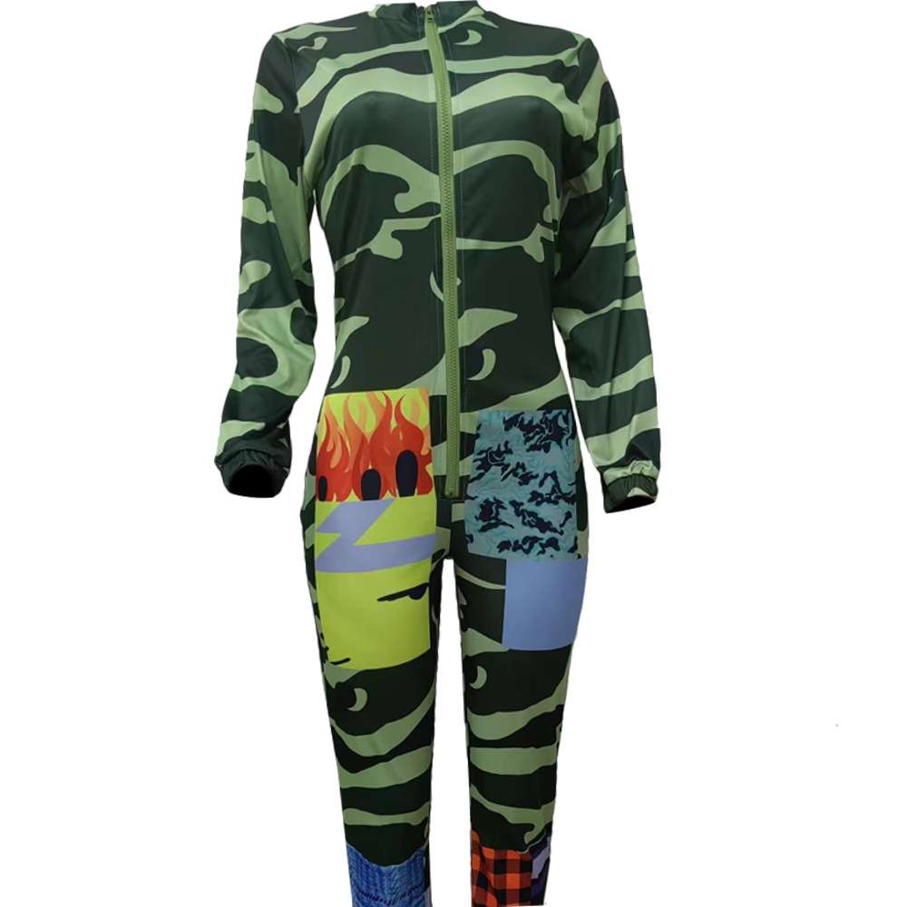 Printed Front Zipper Patchwork Jumpsuit image 2