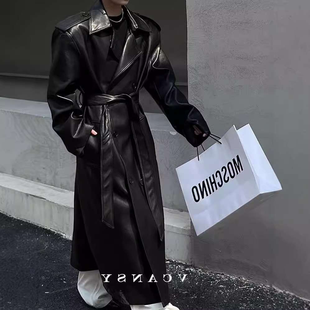 PU Leather Trench Coat For European - S, Black image
