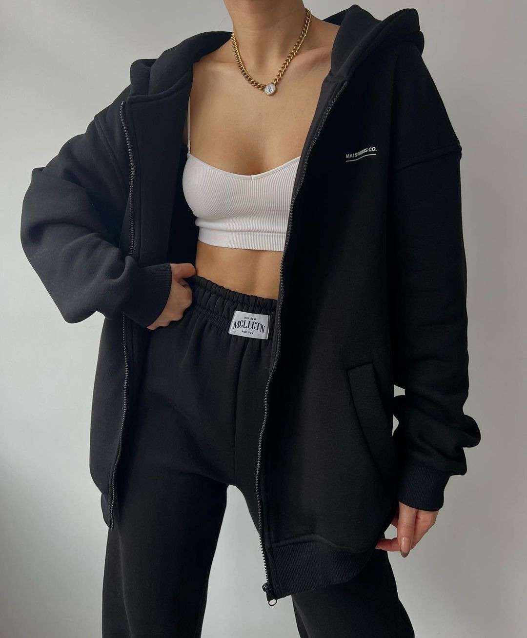 Zip Up Sweatshirt Sweatpant Set - L, Black image