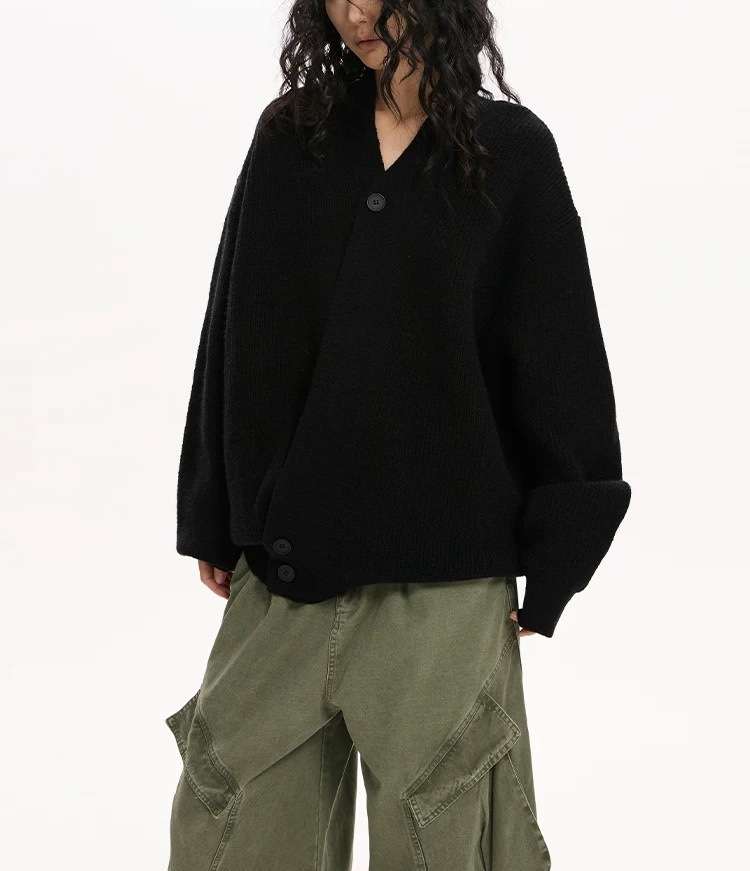 Cozy Oversized Button-Up Sweater - Free Size, Black image