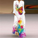 Printed Long Sleeve V-neck Dress - M, Multi White image