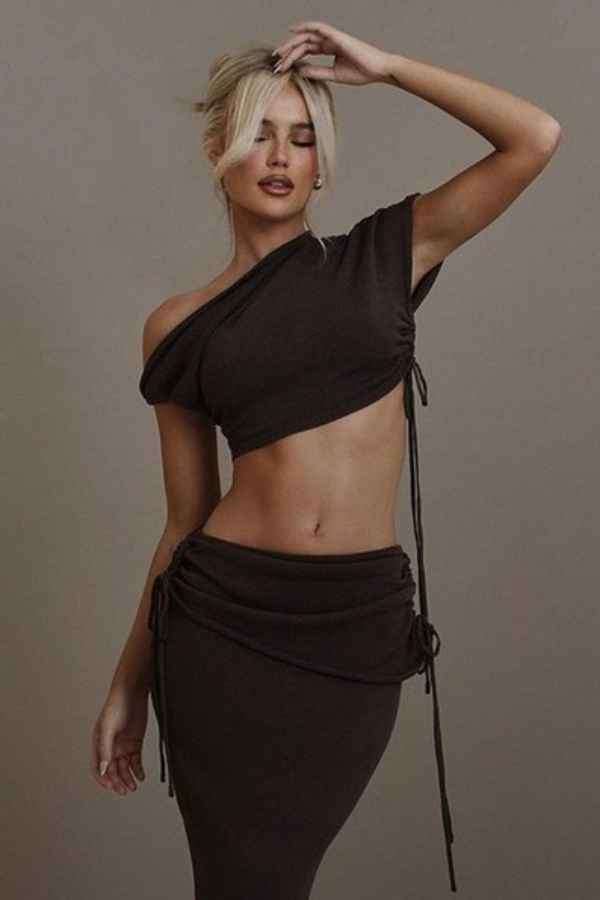 Sexy Low Rise  Drawstring Maxi Skirt Crop Top 2pcs Set image 0