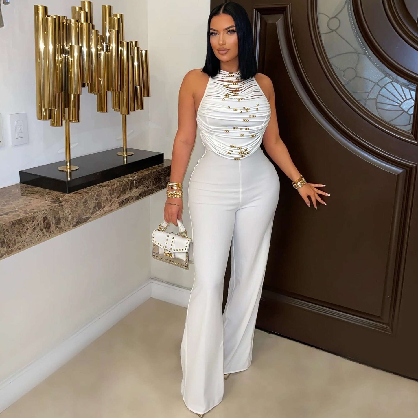 Embellished Halter Jumpsuit - XL, White image