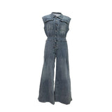 Women's Dressy Sleeveless Button Front Wide Leg Denim Jumpsuit 1 image 1