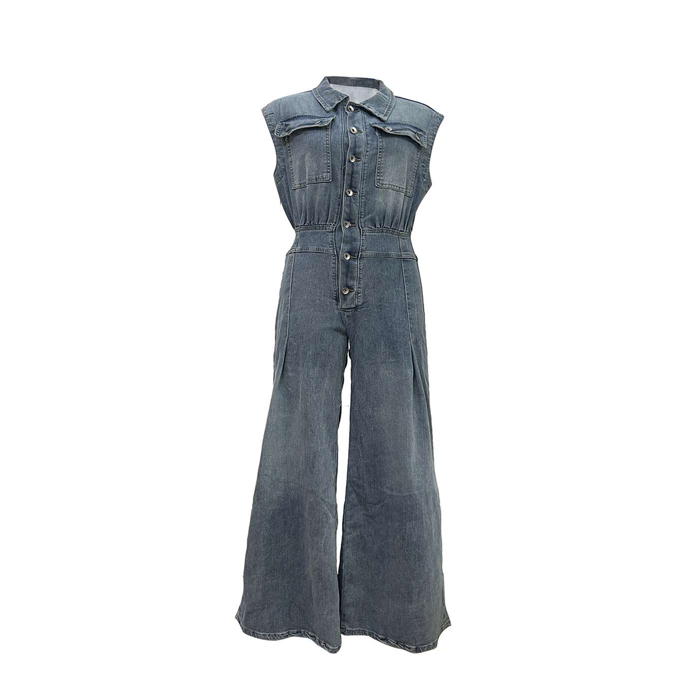 Women's Dressy Sleeveless Button Front Wide Leg Denim Jumpsuit 1 image 1