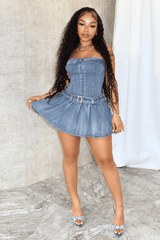 Urban Charm Belted Denim Skater Dress - S, Blue image