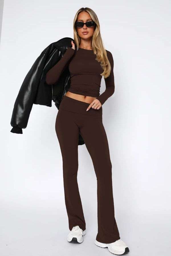 Comfy Cropped Top Flare Pants Set - XL, Brown image