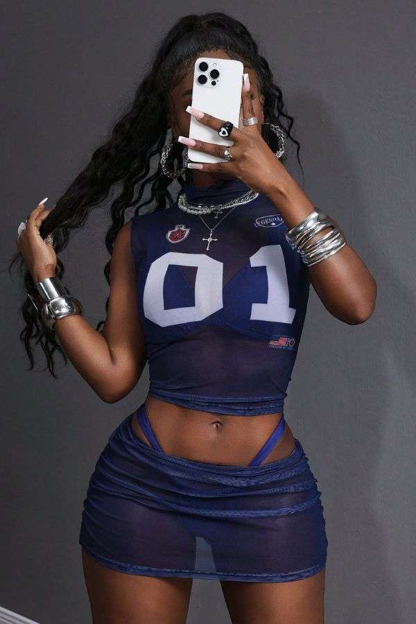 Sports Crop Top and Mini Skirt Set - S, Dark Blue image