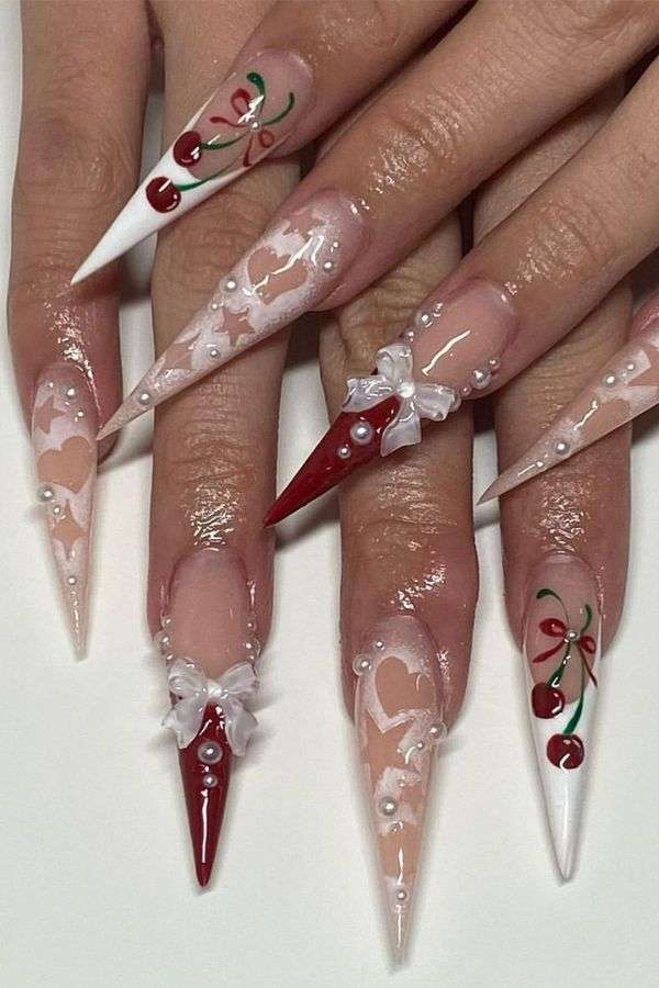 Heart Stiletto Nails with 3D Pearls and Bows image 0