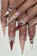 Heart Stiletto Nails with 3D Pearls and Bows image 0