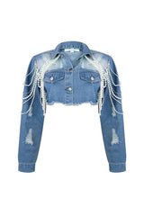 Chain Fashion Denim Coat Short Jacket - S, Denim Blue image