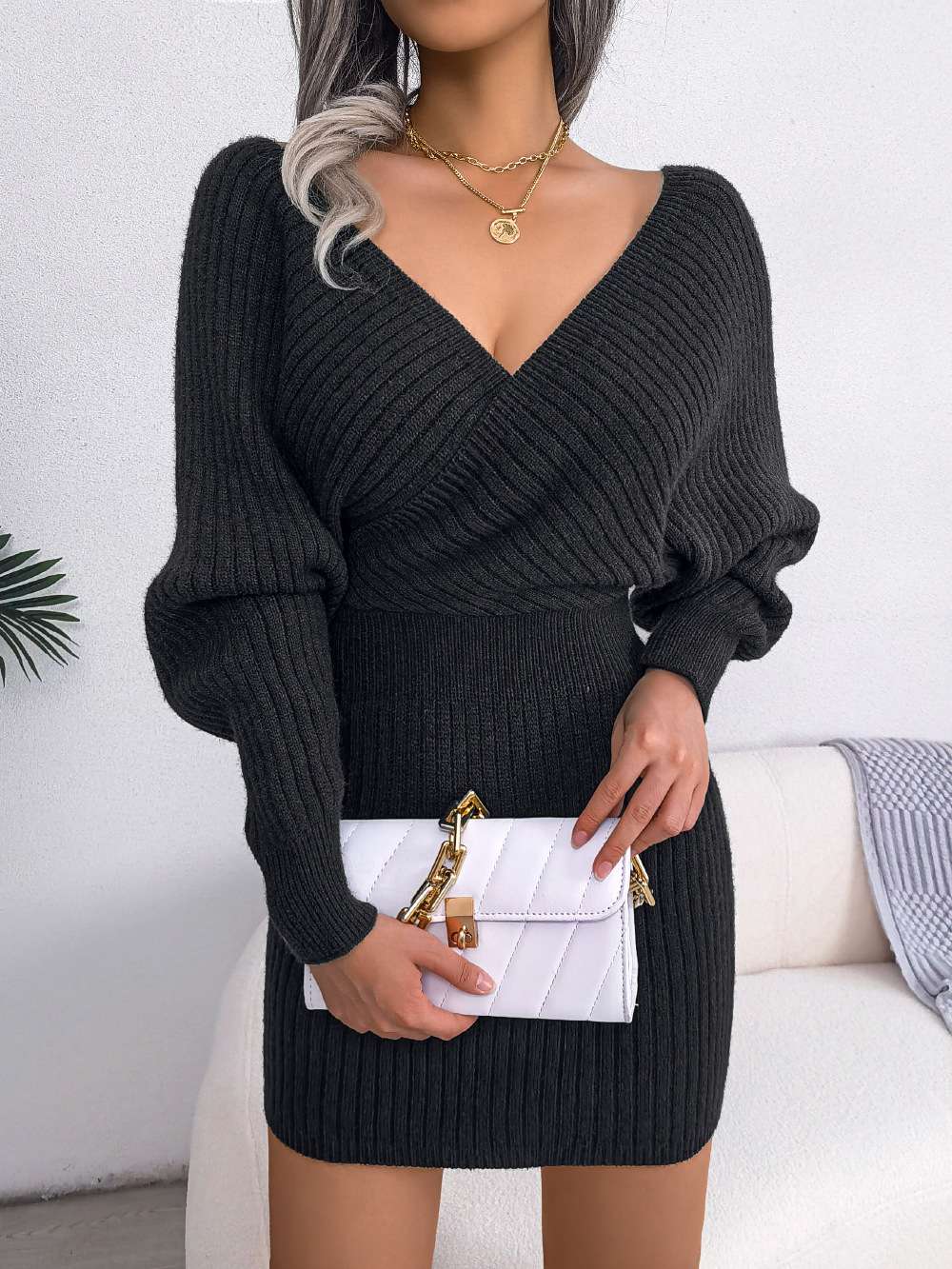Ribbed Vneck Sweater Dress - S, Black image