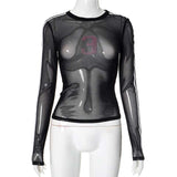 Mesh Patchwork O-Neck White Stripe Skinny Top image 2