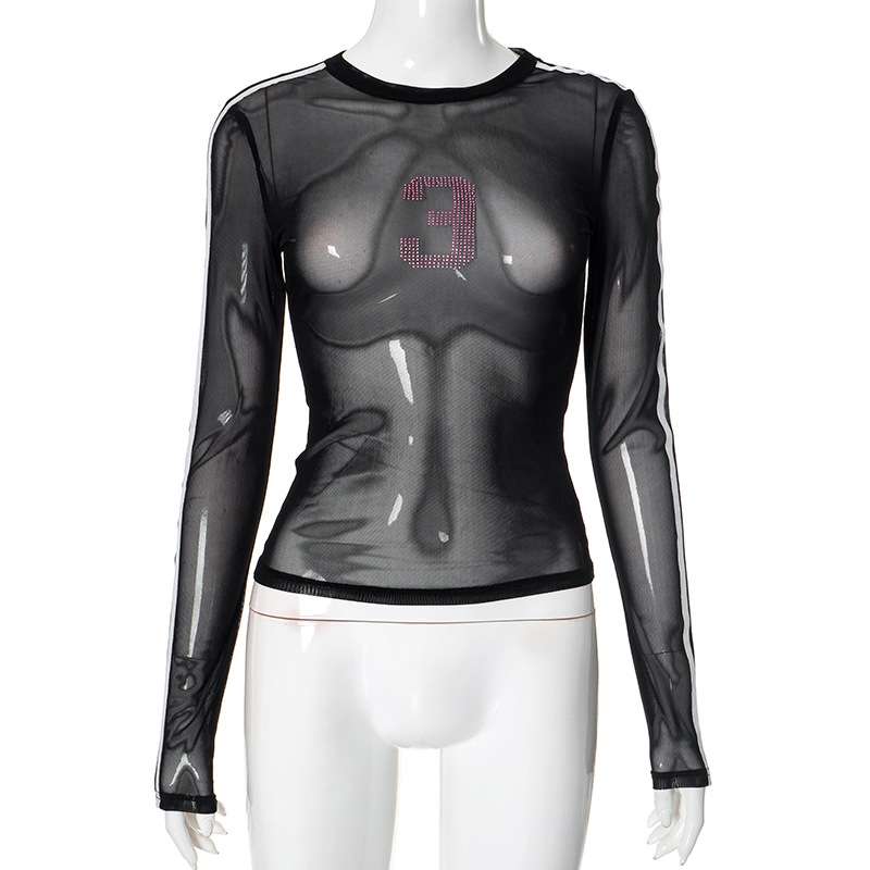 Mesh Patchwork O-Neck White Stripe Skinny Top image 2