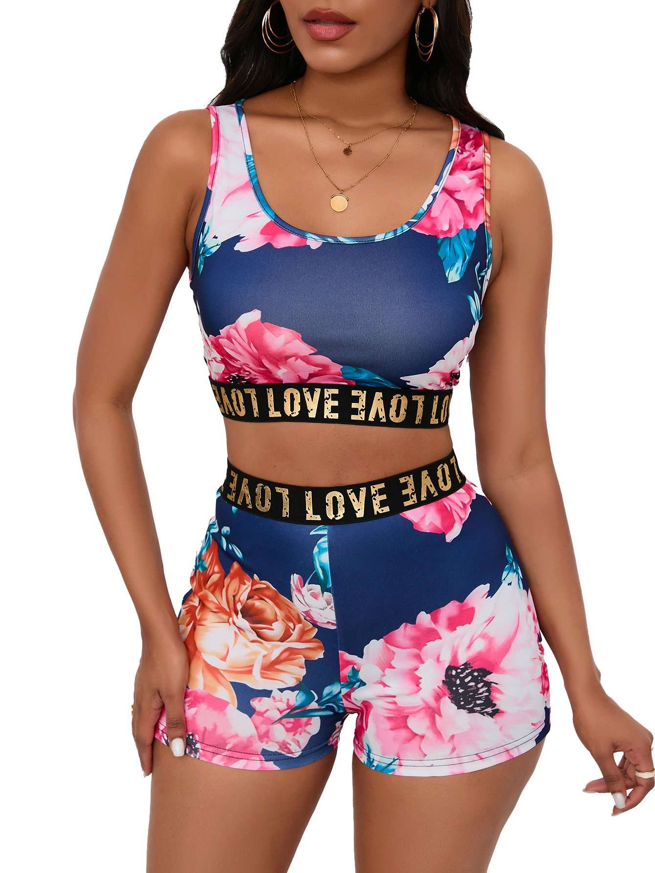 Crop Top and Shorts Activewear Set - M, Blue image