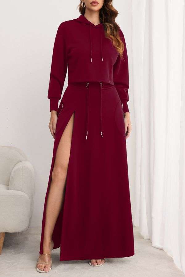 Casual 2 Piece Sweatshirts Split Skirt Sweatsuit - L, Maroon image