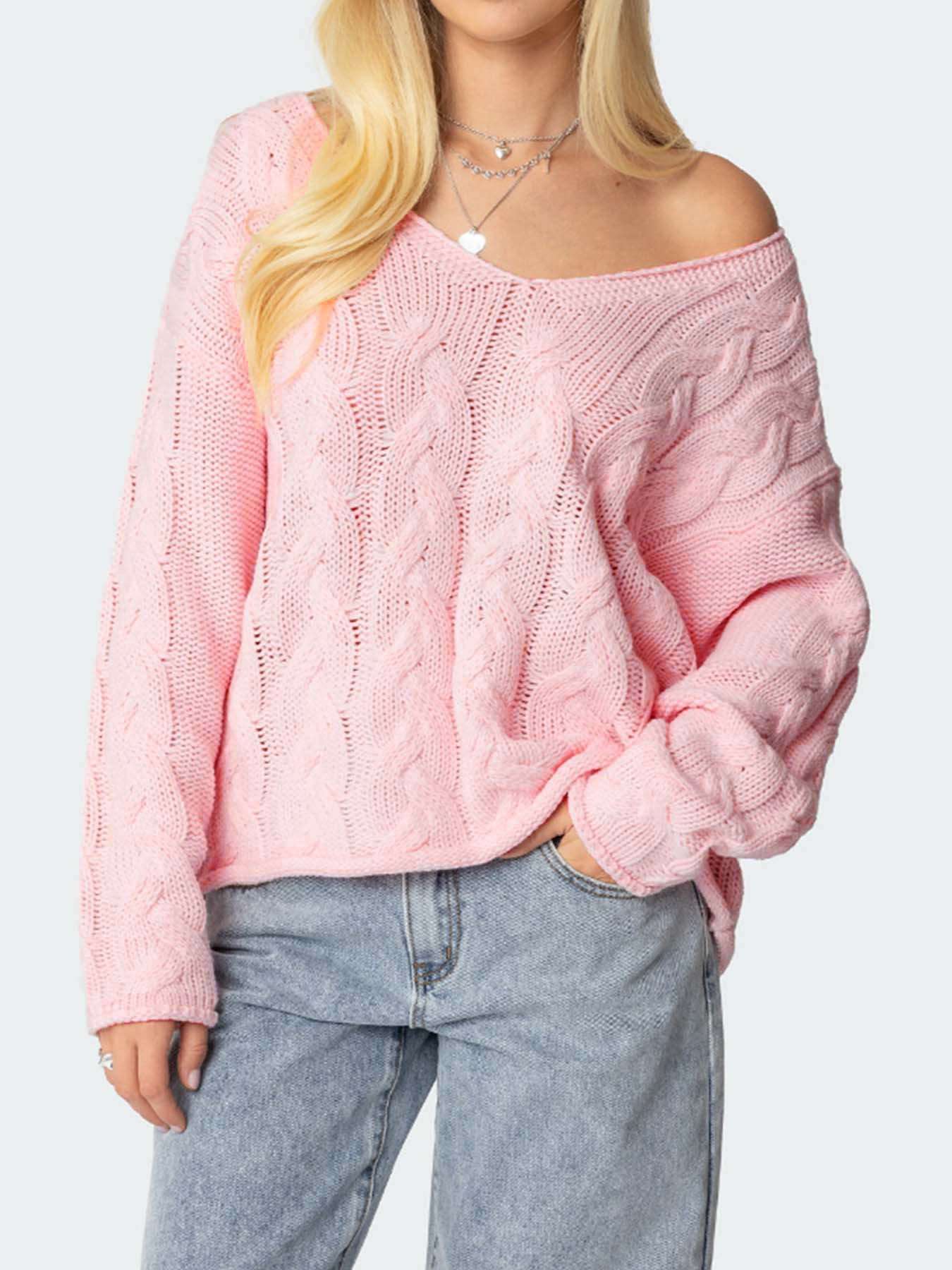 Oversized Pink Cable Knit Sweater image 2