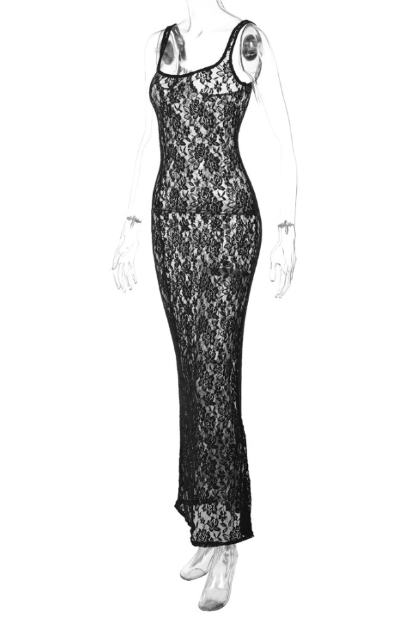 One-line Collar See-through Lace Slim Suspender Dress image 6