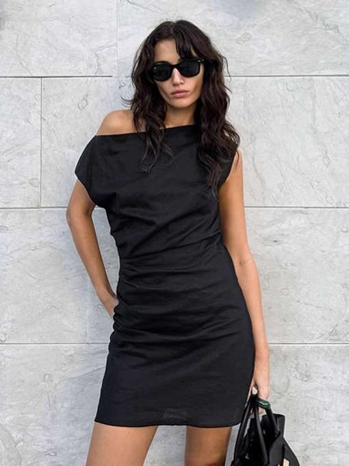 Black One-Shoulder Ruched Mini Dress image 1