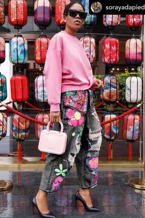 Casual Patchwork Print Pants Streetwear - XL, Black image