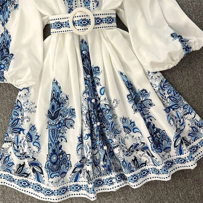 Boho Chic Blue and White Print Belted Dress image 6
