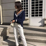 V neck Striped Loose Casual Pullover Top image 4