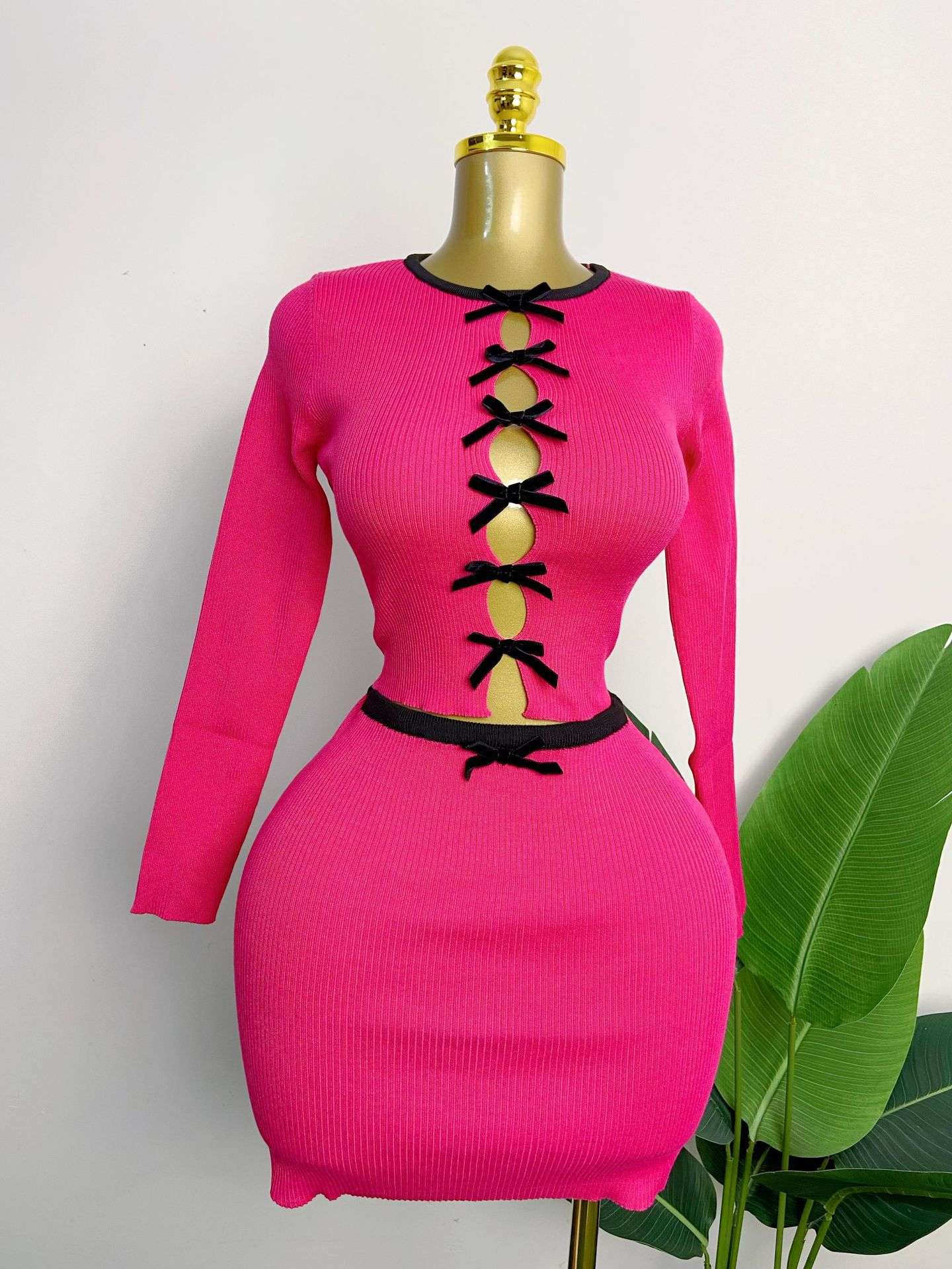 Bow Detail Ribbed Crop Top & Skirt Set image 2
