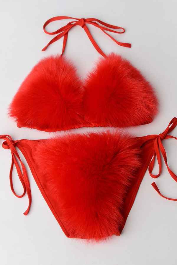 Sexy Fluffy Fur Bikini Swimwear Two Piece Set image 8