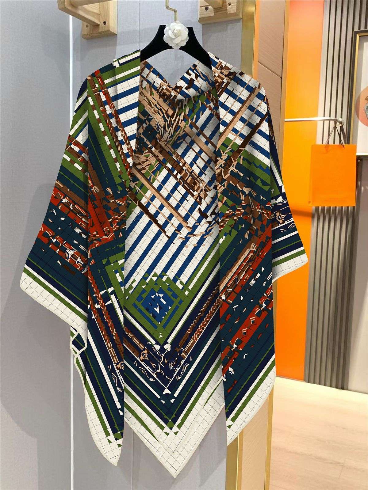 Elegant Geometric Print Scarf - Free Size, Multi Dark Blue image