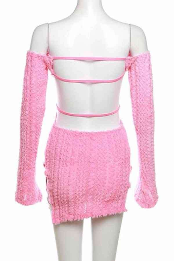 Sexy Off Shoulder LongSleeve Backless Fluffy Mini Dress image 5