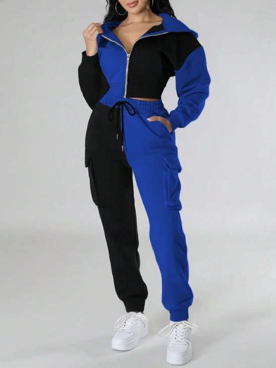 Color Block Cropped Hoodie & Cargo Joggers Set - S, Blue image