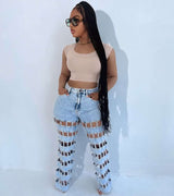 Trendy Cut-Out Distressed Jeans - M, Blue image