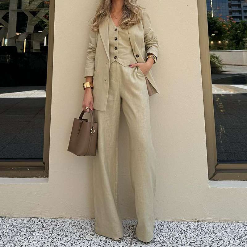 Solid Blazer Waistcoat Wide-leg Pants Set - L, Beige image
