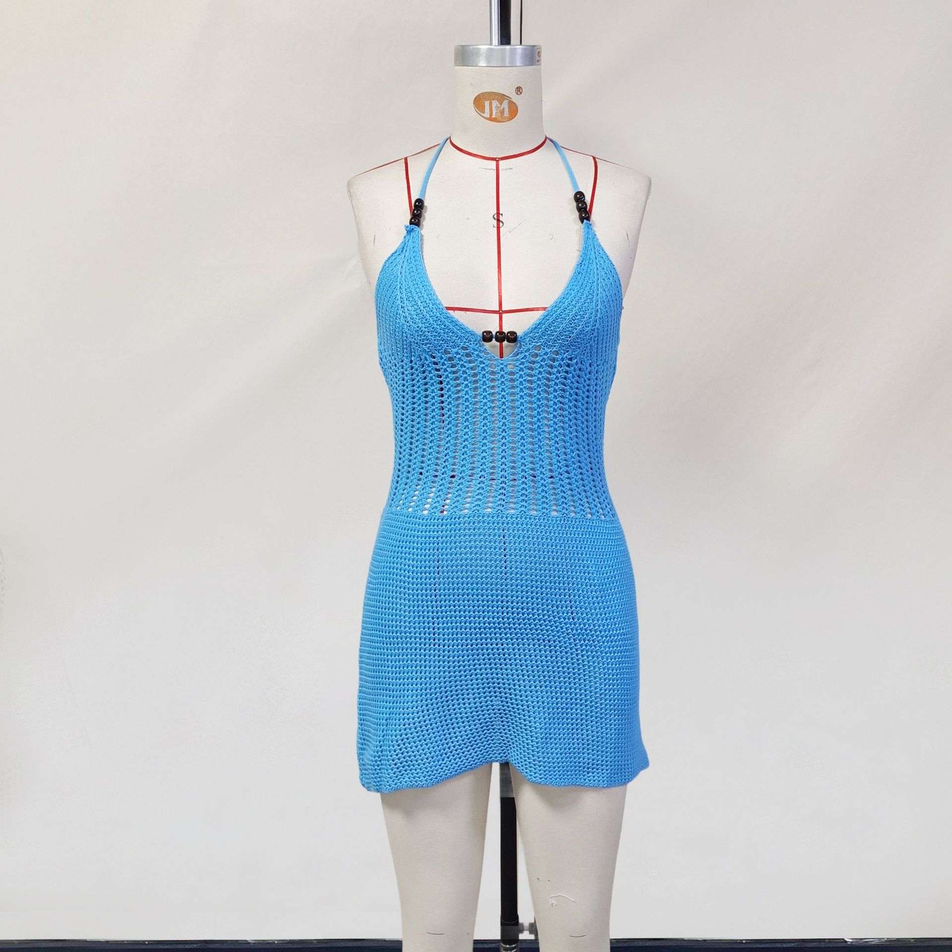 Crochet Halter Mini Dress - S, Blue image