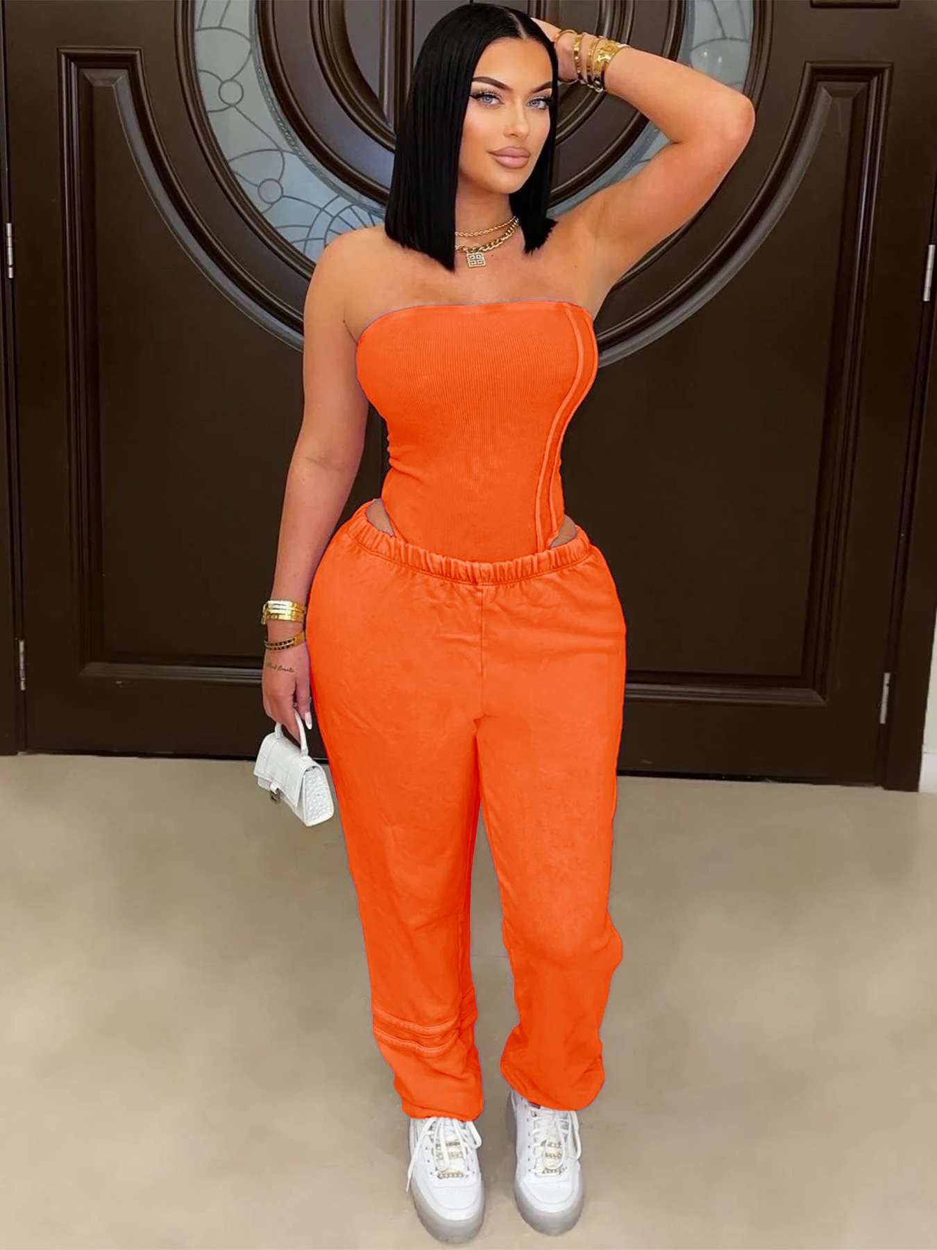 Strapless Solid Two-Piece Set - S, Orange image