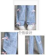 Bow Knot Zip Up Denim Pants Loose Fit image 4
