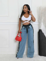 Casual Patchwork Strap Design Straight Pants - XL, Light Blue image