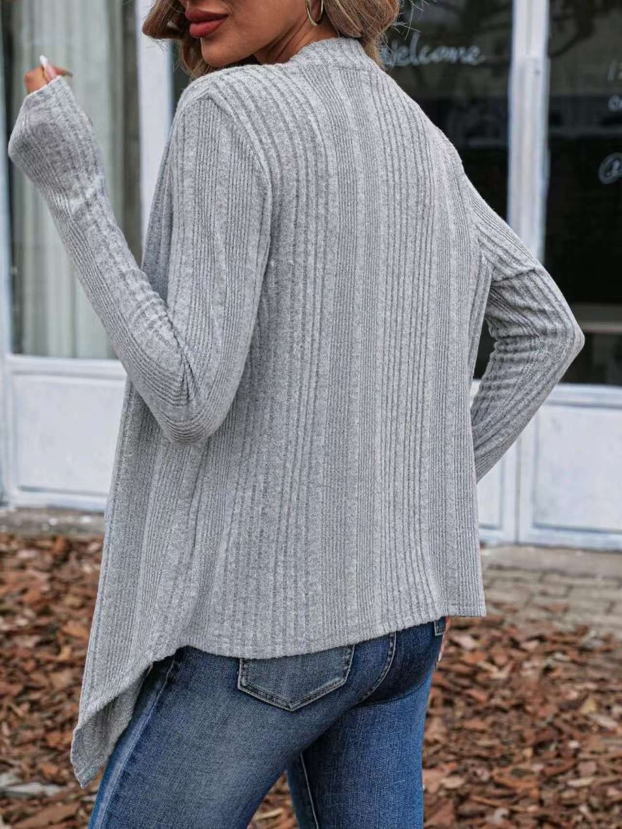 Cozy Gray Open-Front Ribbed Cardigan image 4