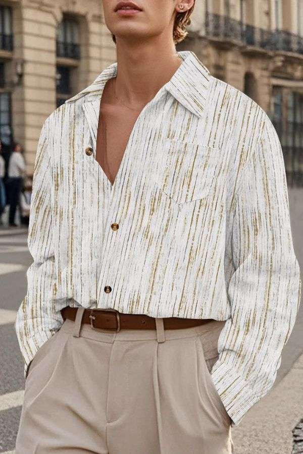 Button Down Shirt Long Sleeve Vintage Casual Shirt - L, Multi Beige image