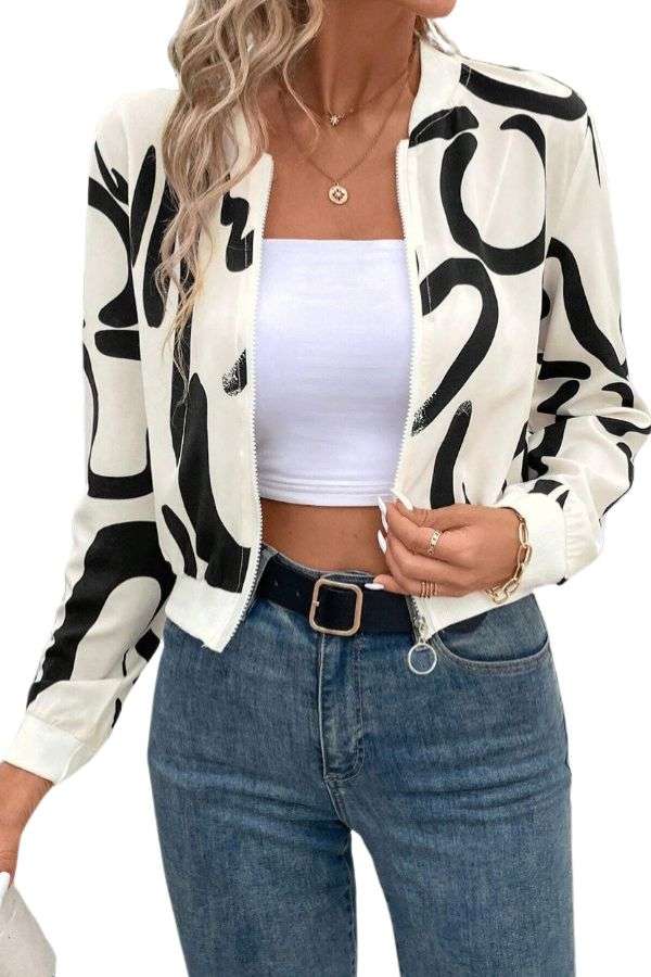 Zip-Up Baseball Jacket With Pattern Print - S, Multi White image