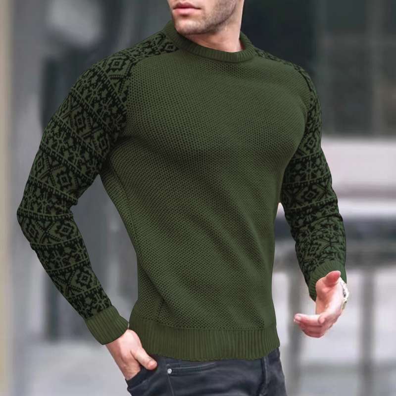 Round Neck Sweater With Patterned Sleeves - L, Army Green image