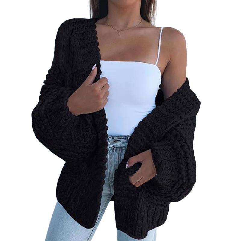 Knit Cardigan Cable Sweater Loose Front - S, Black image