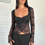 Floral Lace Long-Sleeve Overlay Top with Ruched Bust - M, Black image
