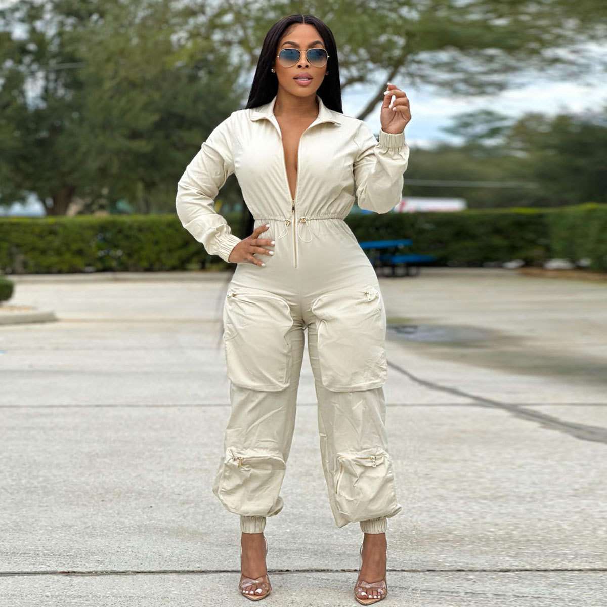 Long Sleeve Flap and Zipper Jumpsuit - XL, White image