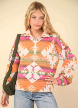 Geometric Pattern Quarter-Zip Fleece Pullover - L, Orange image